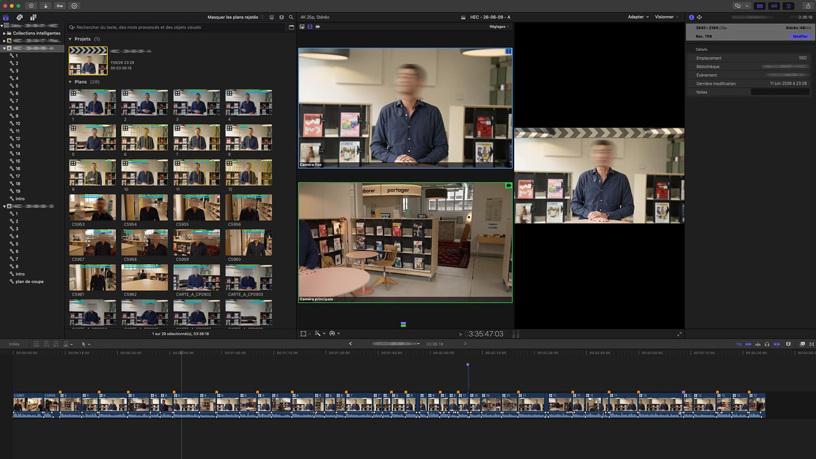 Capture Final Cut Pro montrant un montage avec correction colorimétrique