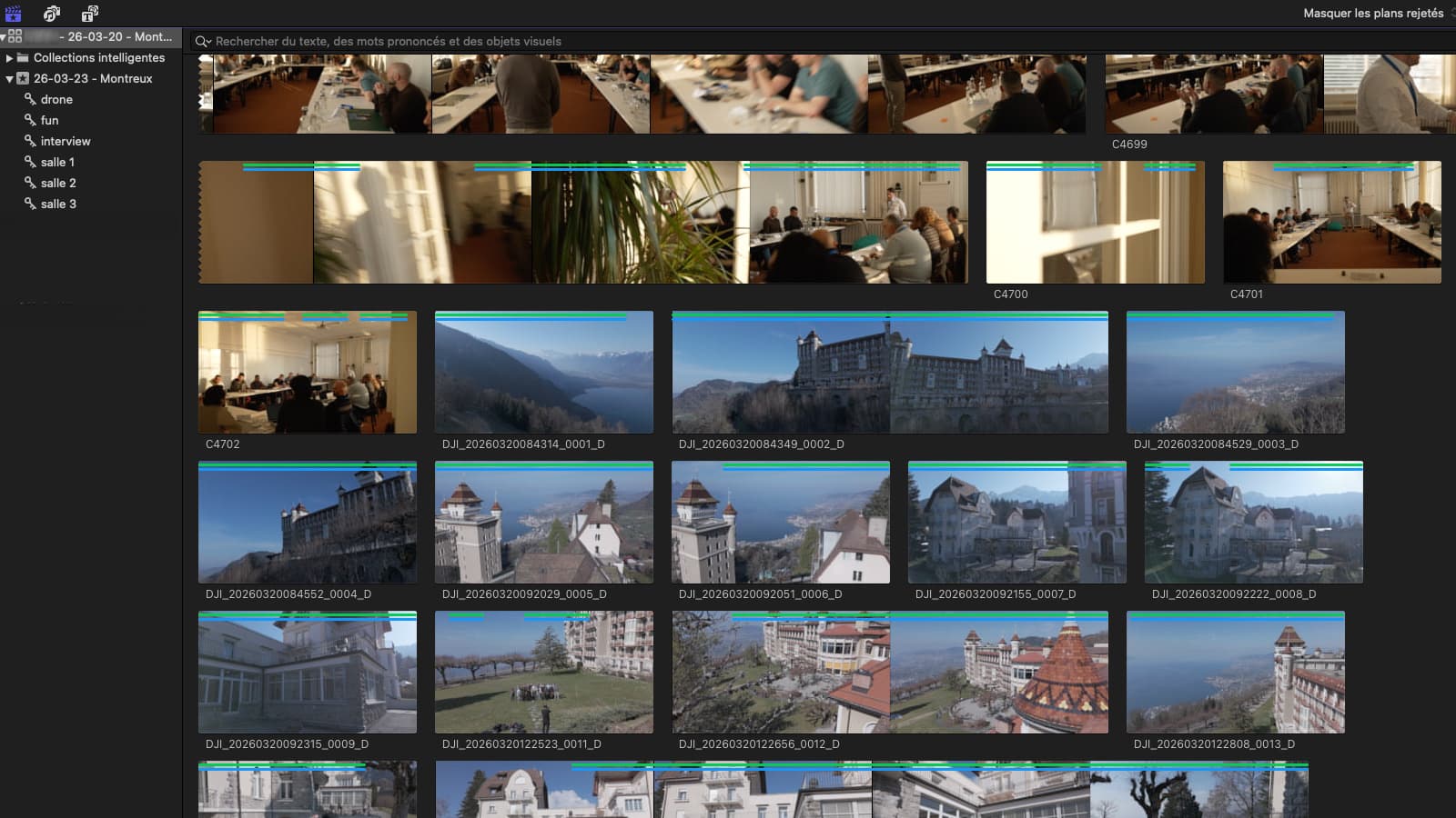 Capture Final Cut Pro montrant un dérushage de projet institutionnel