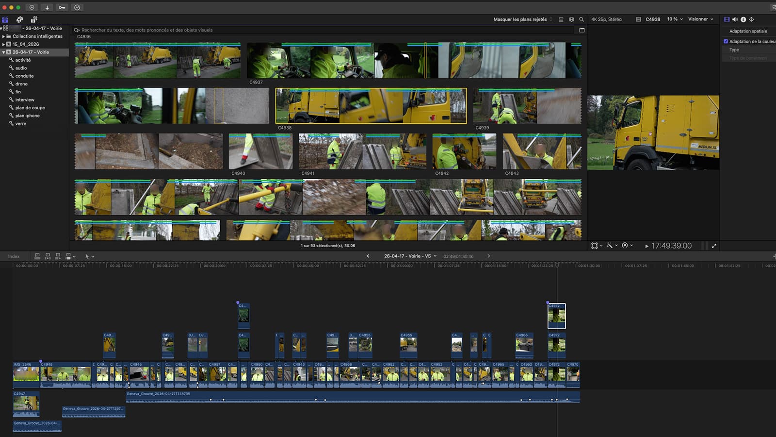 Capture Final Cut Pro montrant une sélection et une organisation des rushes